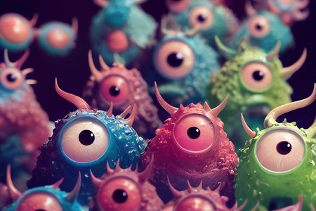 Colony of bacteria selective focus. Biological infection cells with creepy face. Cute funny microscopic organism, cute monster in form of bacillus. Microorganism character, virus creature, germ animalの素材
