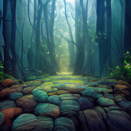 Footpath in spooky foggy enchanted forest. Stone road covered with moss closeup. Walkway surrounded high old tree silhouettes. Fantasy land, fabulous nature and witchcraft pathの素材