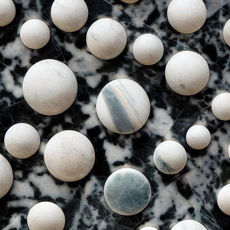 Marble texture with sphere ball decorative design. Artwork textured granite material with bubble on surface. Marbled rock relief abstraction with orb pattern. Wallpaper background. Digital artの素材