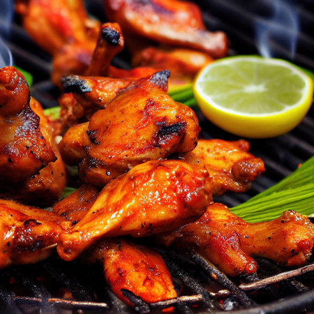 Closeup chicken wings in barbecue sauce. Grilled chicks leg and wing on bbq grid. Fast food plate for restaurant menu. Freshly cooked meat selective focus with blurred effectの素材