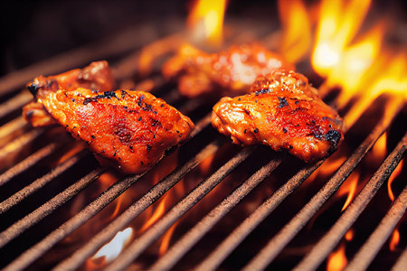 Spicy marinated BBQ chicken on grill. Chicks wings and legs grilling on barbecue with hot open fire flames. Delicious meat with crispy crust on glowing grid with. Close up viewの素材