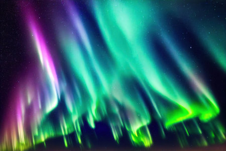 Aurora borealis lights wave over starry night skyの素材