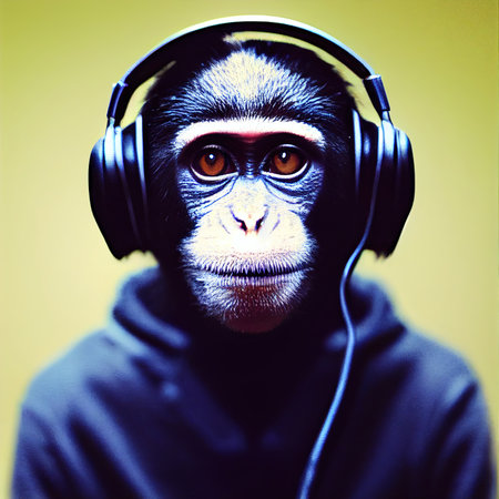 Monkey enjoy listening music in headphones on isolated blurred backgroundの素材