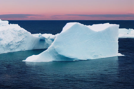 Iceberg in sea water over evening sky nature background. Arctic landscape with freeze ice glacier floating in ocean. Environment, science, climate change and global warming conceptの素材
