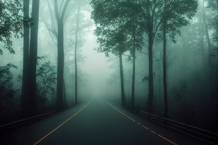 Asphalt highway road in foggy evergreen pine forest. Atmospheric autumn landscape in evening. Travel destinations, vacations, freedom, ecotourism, pure nature conceptの素材
