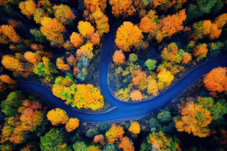 Road in autumn forest view from above. Colorful nature landscape with fall tree and highway overhead aerial drone view. Journey adventure, road trip scenery with wilderness natural backgroundの素材