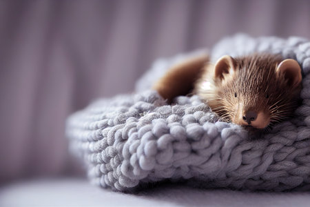 Cute baby ferret slepping on on sofa under blanket.の素材