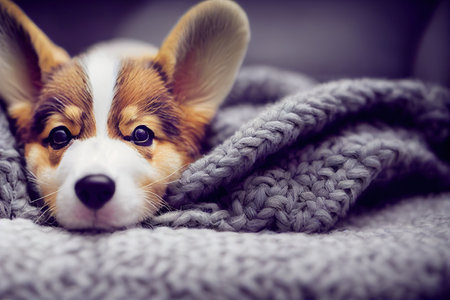 Cute corgi puppy kitten slepping on on sofa under blanket.の素材