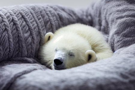 Cute baby polar bear slepping on on sofa under blanket.の素材
