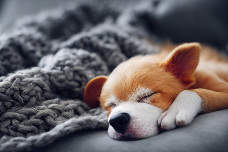 Cute baby akita puppy slepping on on sofa under blanket.の素材