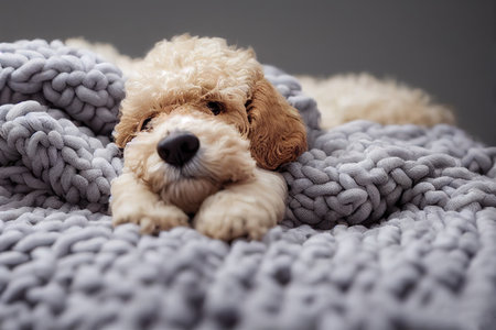 Cute baby poodle puppy slepping on on sofa under blanket.の素材