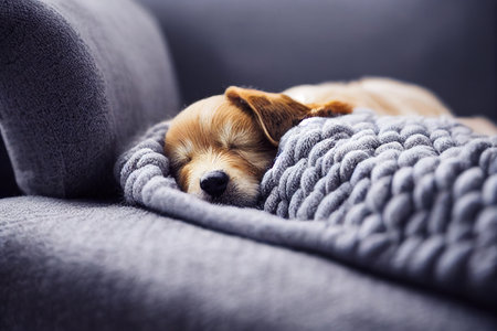 Cute baby dog puppy slepping on on sofa under blanket.の素材