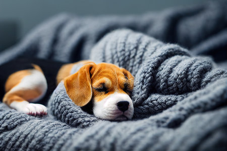Cute baby beagle puppy slepping on on sofa under blanket.の素材