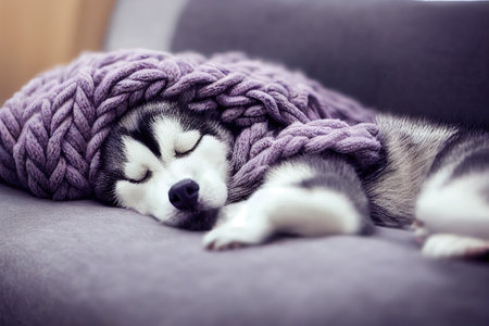 Cute baby husky puppy slepping on on sofa under blanket.の素材