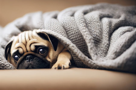 Cute baby french bulldog puppy slepping on on sofa under blanket.の素材