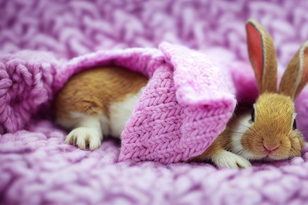Cute baby red rabbit slepping on on sofa under blanket.の素材
