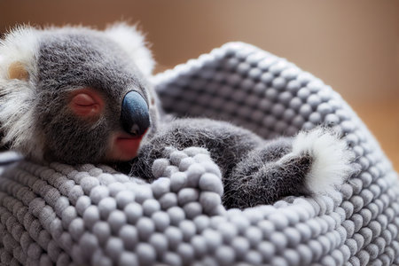 Cute baby koala slepping on on sofa under blanket.の素材
