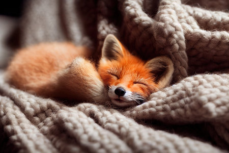 Cute baby fox slepping on on sofa under blanket.の素材