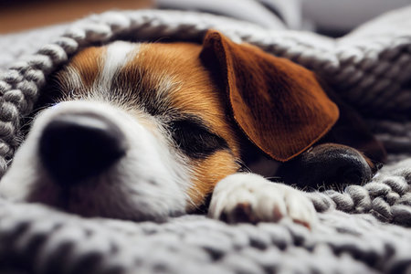 Cute baby beagle puppy slepping on on sofa under blanket.の素材