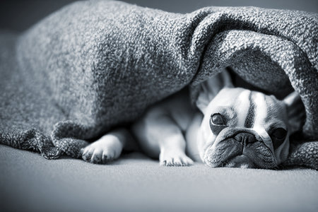 Cute baby french bulldog puppy slepping on on sofa under blanket.の素材