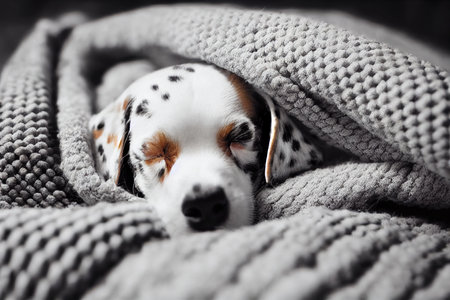 Cute baby dalmatian puppy slepping on on sofa under blanket.の素材