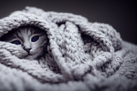 Cute baby grey kitten slepping on on sofa under blanket.の素材