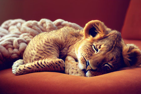 Cute baby lion cub slepping on on sofa under blanket.の素材