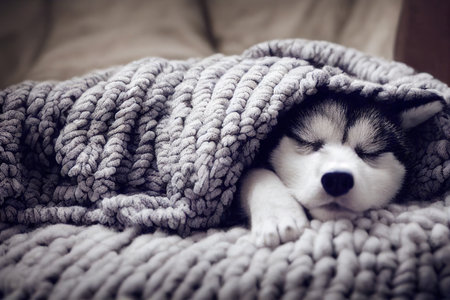 Cute baby husky puppy slepping on on sofa under blanket.の素材