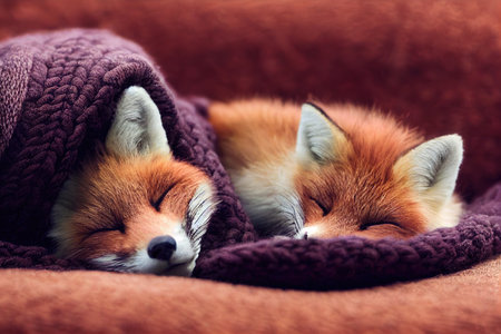 Cute baby fox slepping on on sofa under blanket.の素材