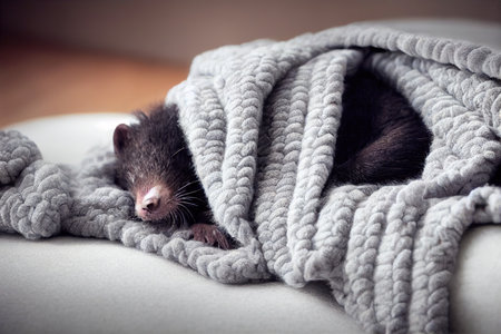Cute baby ferret slepping on on sofa under blanket.の素材