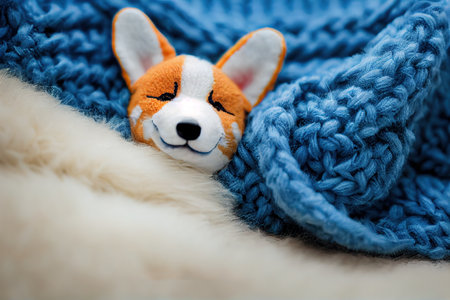 Cute baby plush akita puppy slepping on on sofa under blanket.の素材