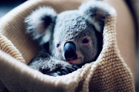 Cute baby koala slepping on on sofa under blanket.の素材
