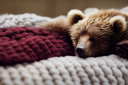 Cute baby teddy bear slepping on on sofa under blanket.の素材