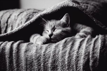 Cute baby kitten slepping on on sofa under blanket.の素材