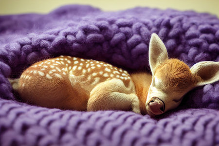 Cute baby deer fawn slepping on on sofa under blanket.の素材