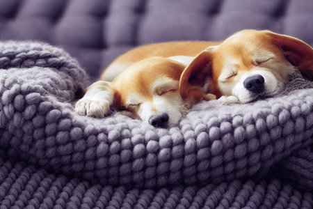 Cute baby dog puppy slepping on on sofa under blanket.の素材