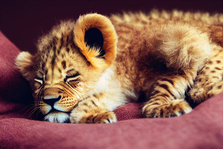 Cute baby lion cub slepping on on sofa under blanket.の素材