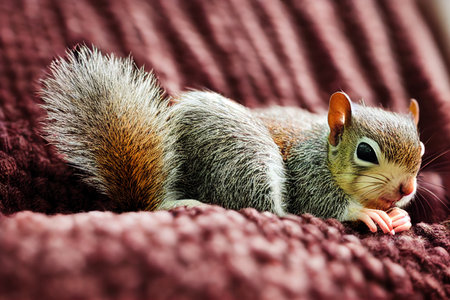 Cute baby squirrel slepping on on sofa under blanket.の素材