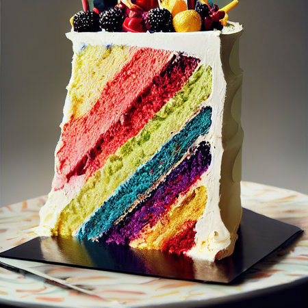 Colorful cake slice with bright biscuit layers and berries close upの素材