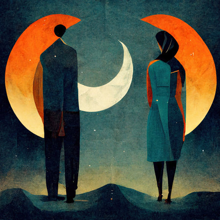Man and woman silhouettes with crescent moon in sky. Couple dating at night, romance concept abstract digital illustrationの素材
