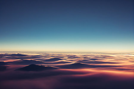 Skyline with snow-capped mountain range peak in cloud panoramic viewの素材