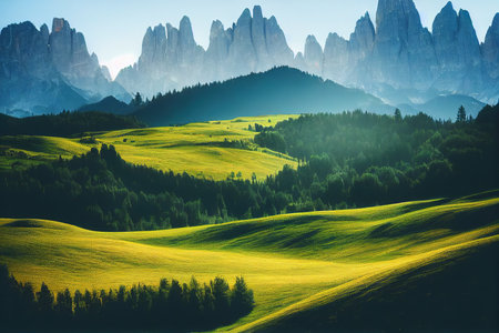 Green forest meadow with mountain rock range on background. Vibrant color natural landscape with valley in highlands stunning aerial view. Beautiful panoramic sunny day in nature parklandの素材