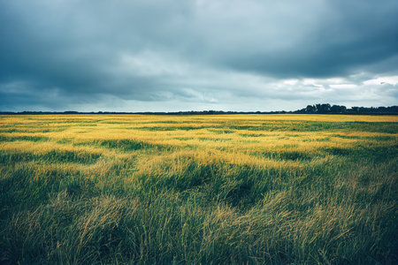 Dramatic cloudy sky and grassy field natural landscape before rainの素材
