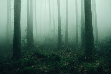 Mystical spruce forest in mist view on tree trunk and grass in fogの素材