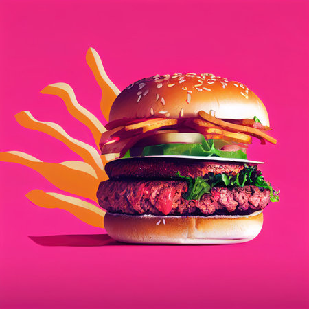 Fresh burger with splashing melted cheese isolated illustration on pink futuristic backgroundの素材