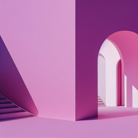 Futuristic interior with pink walls, archway, stairs 3D render digital illustrationの素材