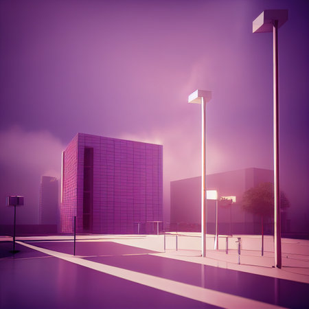 Futuristic pink city with buildings, street lamps. Future urban architecture concept abstract design 3D render digital illustrationの素材