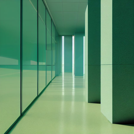 Corridor with green wall and columns in office building 3D render digital illustrationの素材