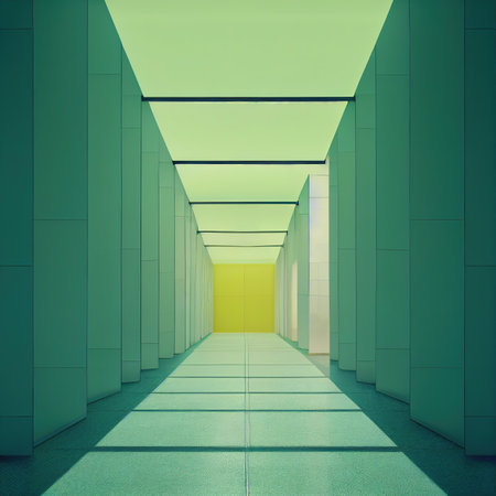 Empty long green hallway with columns 3D render digital illustrationの素材