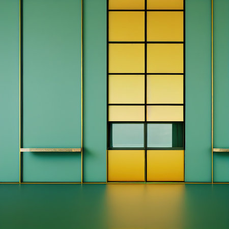 Abstract green and yellow interior wall elements 3D render digital illustrationの素材